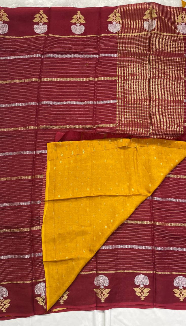 Maroon Premium Crape Silk Saree with Floral Zari|DS14