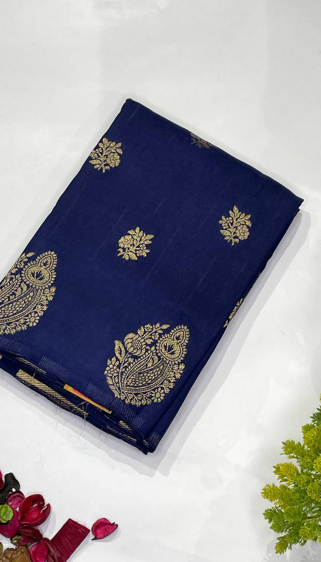 Navy Blue Premium Crape Silk Saree with Gold Zari Work|DS15