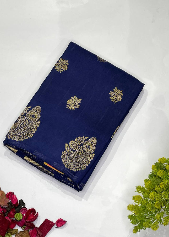 Navy Blue Premium Crape Silk Saree with Gold Zari Work|DS15