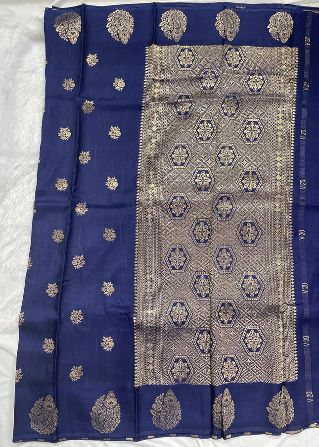 Navy Blue Premium Crape Silk Saree with Gold Zari Work|DS15