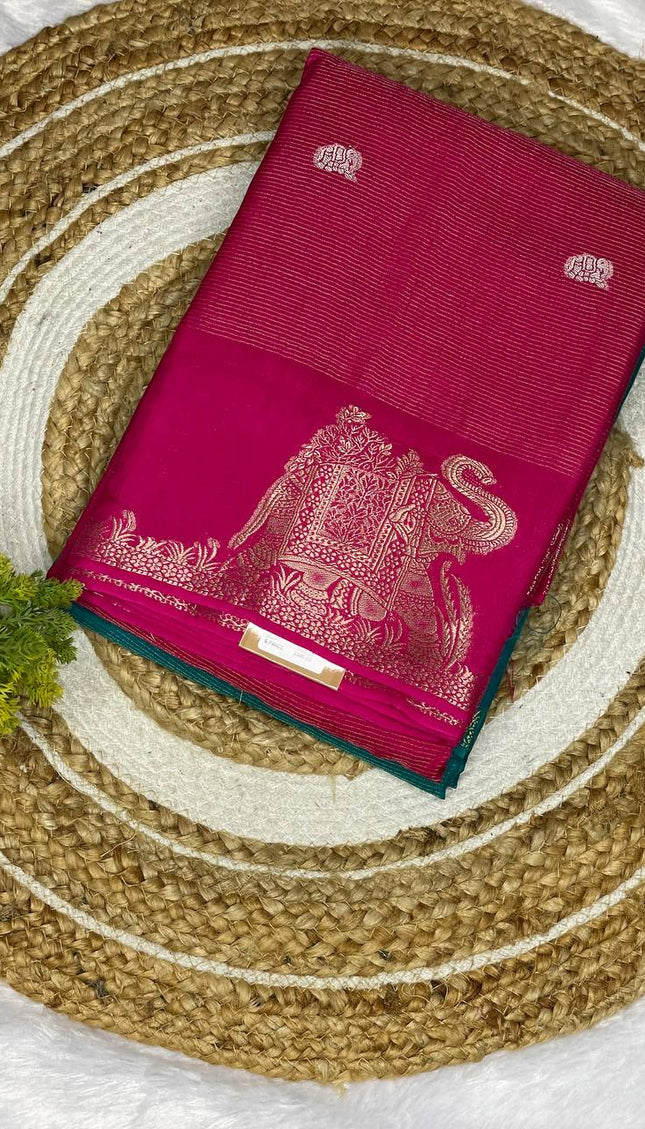 Rani Pink Premium Crape Silk Saree with Elephant Zari Border |DS12