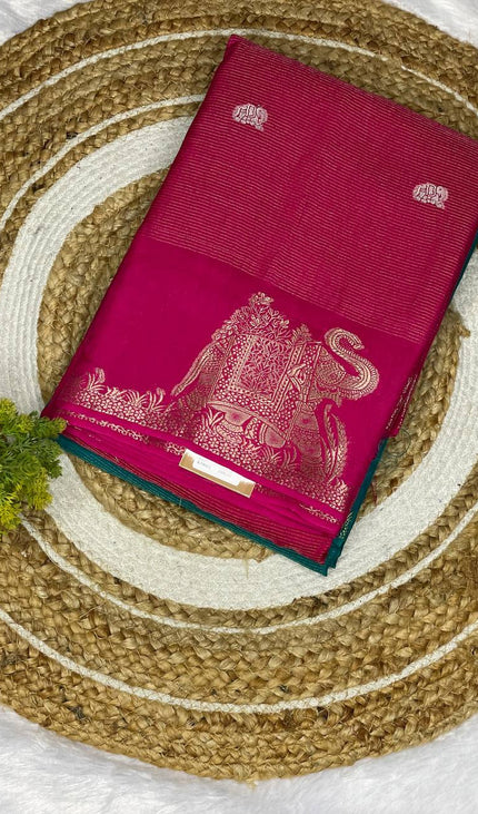 Rani Pink Premium Crape Silk Saree with Elephant Zari Border |DS12