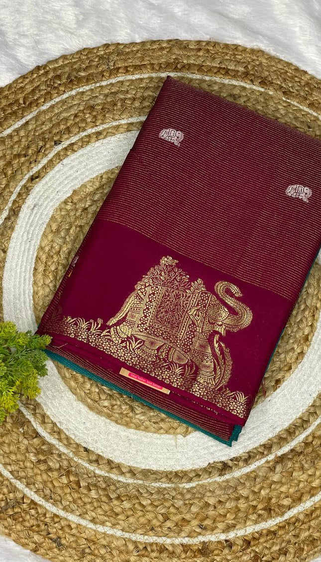 Maroon Premium Crape Silk Saree with Elephant Zari Border |DS12