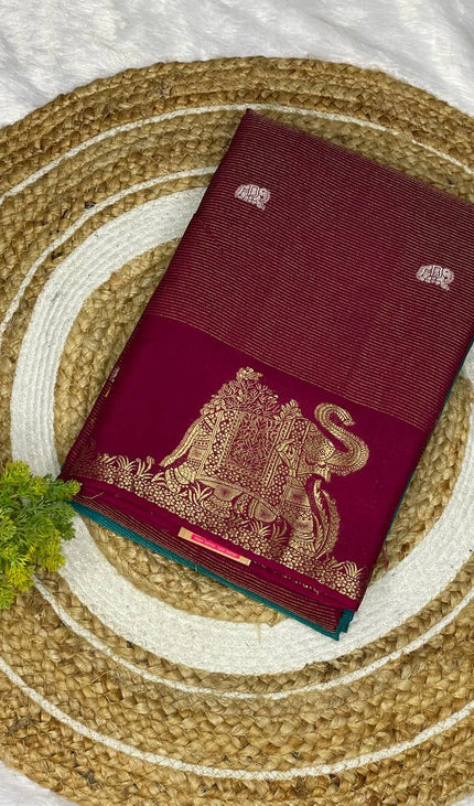 Maroon Premium Crape Silk Saree with Elephant Zari Border |DS12