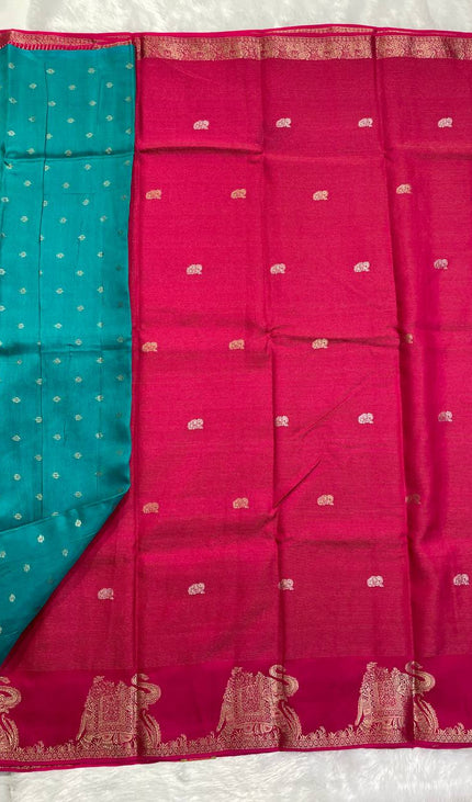 Rani Pink Premium Crape Silk Saree with Elephant Zari Border |DS12