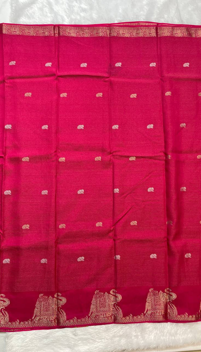 Rani Pink Premium Crape Silk Saree with Elephant Zari Border |DS12
