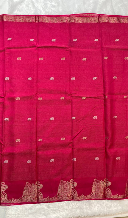 Rani Pink Premium Crape Silk Saree with Elephant Zari Border |DS12