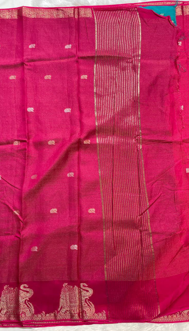 Rani Pink Premium Crape Silk Saree with Elephant Zari Border |DS12