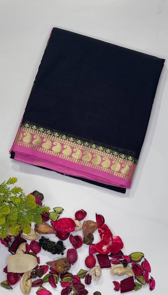 Black Mysore Silk Saree with Pink Border|DS16