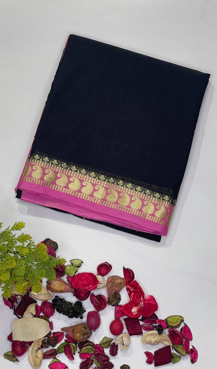 Black Mysore Silk Saree with Pink Border|DS16