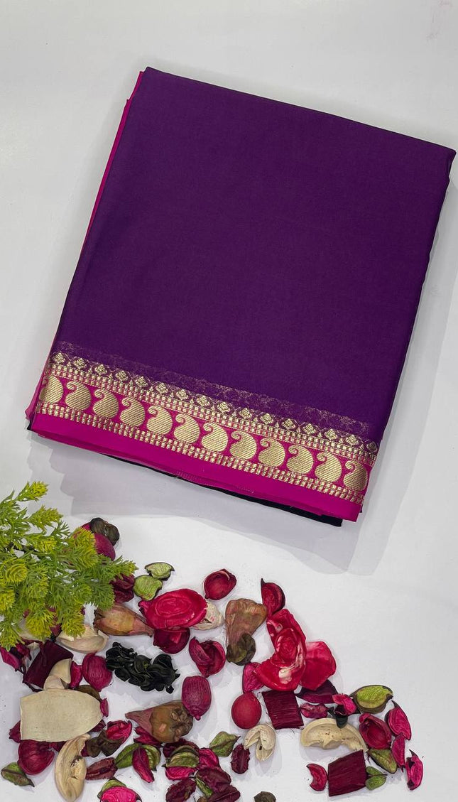 Royal Purple Mysore Silk Saree with Pink Border|DS16