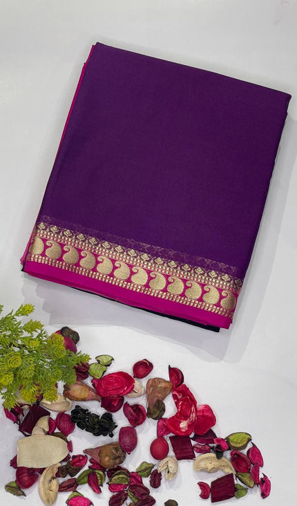 Royal Purple Mysore Silk Saree with Pink Border|DS16