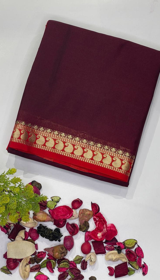 Maroon Mysore Silk Saree with Red Border|DS16