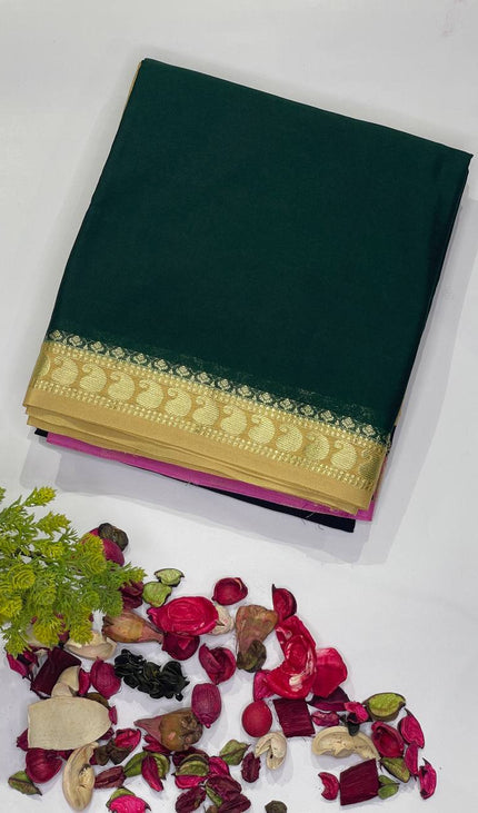 Bottle Green Mysore Silk Saree with Gold Border|DS16