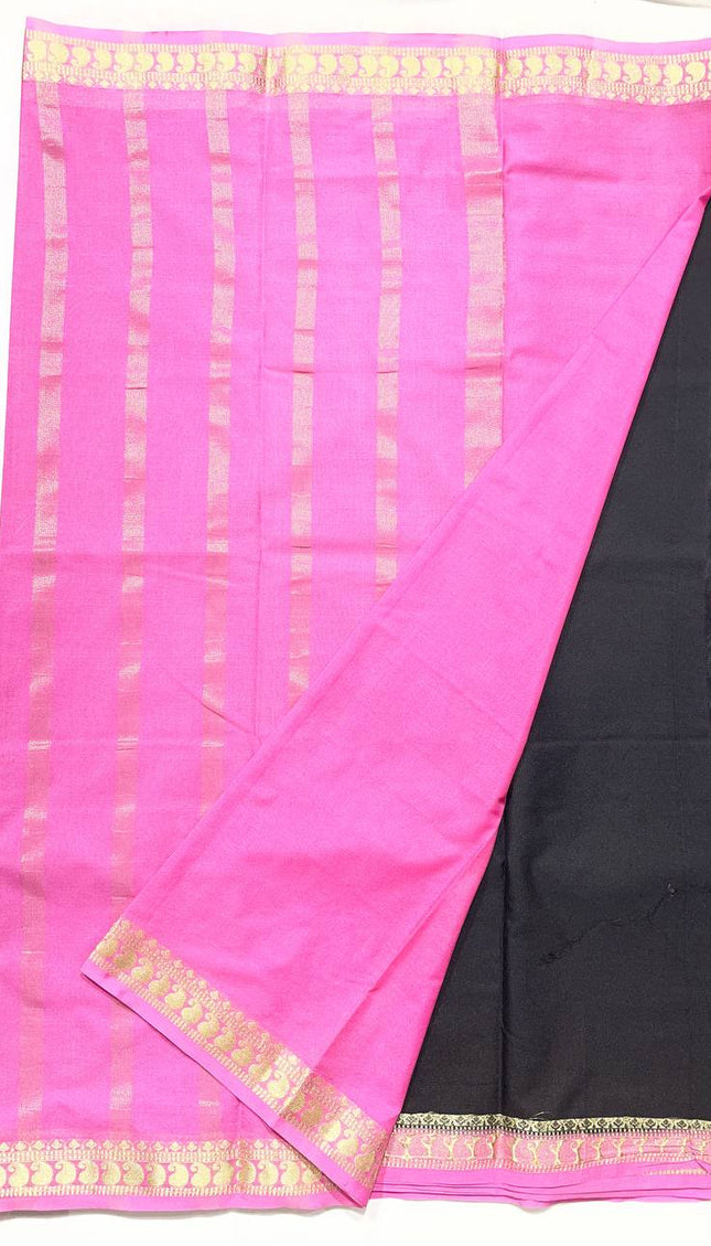 Black Mysore Silk Saree with Pink Border|DS16
