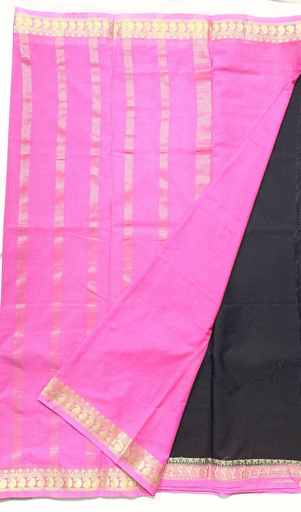 Black Mysore Silk Saree with Pink Border|DS16