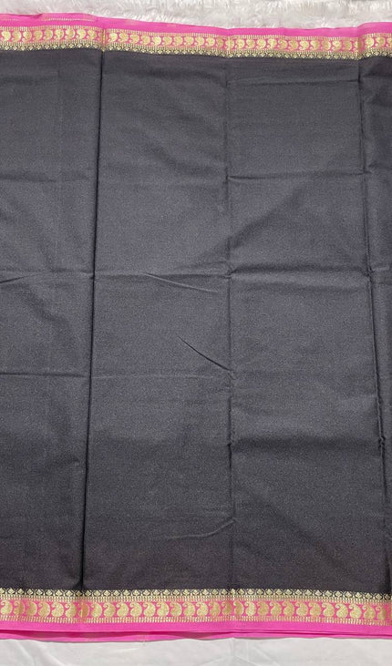 Black Mysore Silk Saree with Pink Border|DS16