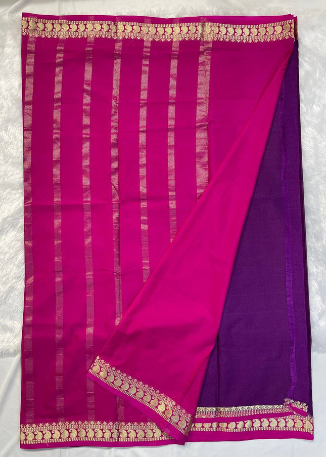 Royal Purple Mysore Silk Saree with Pink Border|DS16