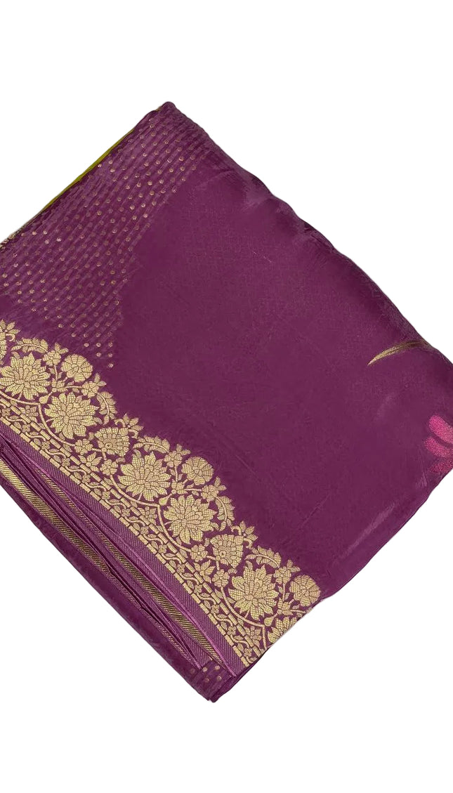 Wine Purple Crepe Silk Saree with Rich Floral Border |DS24