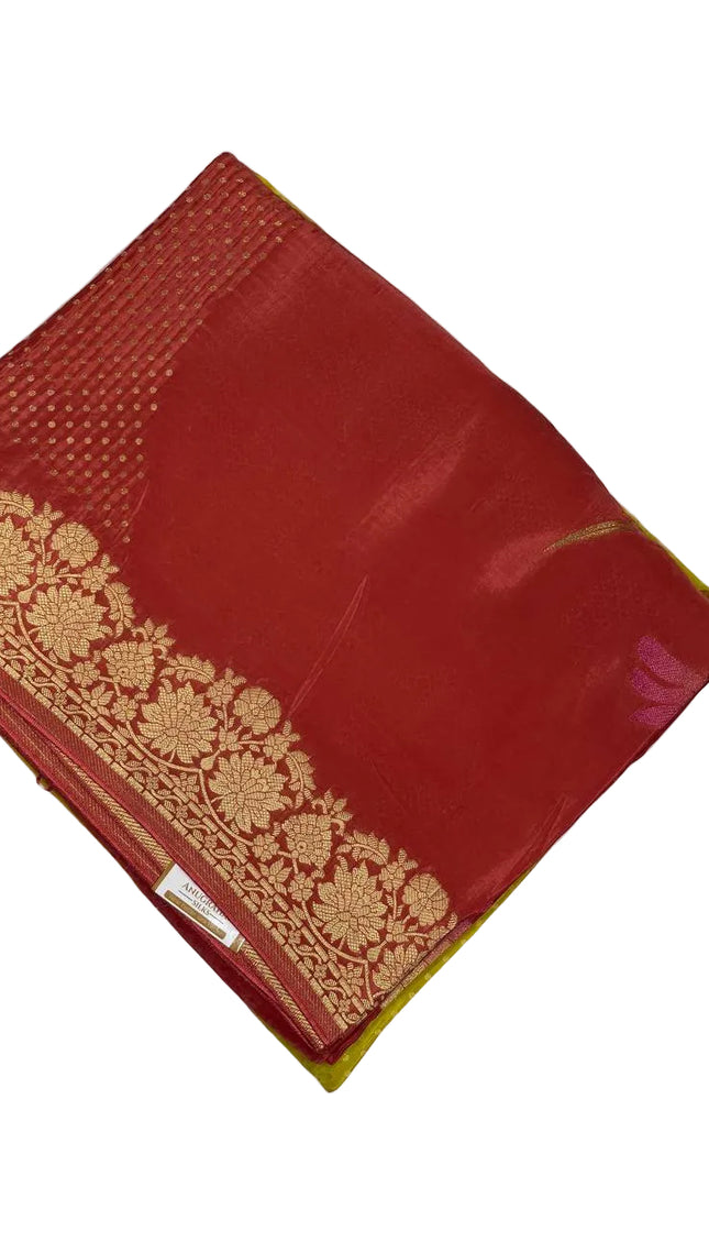 Red Crepe Silk Saree with Floral Gold Zari Border |DS24