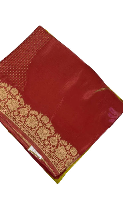 Red Crepe Silk Saree with Floral Gold Zari Border |DS24