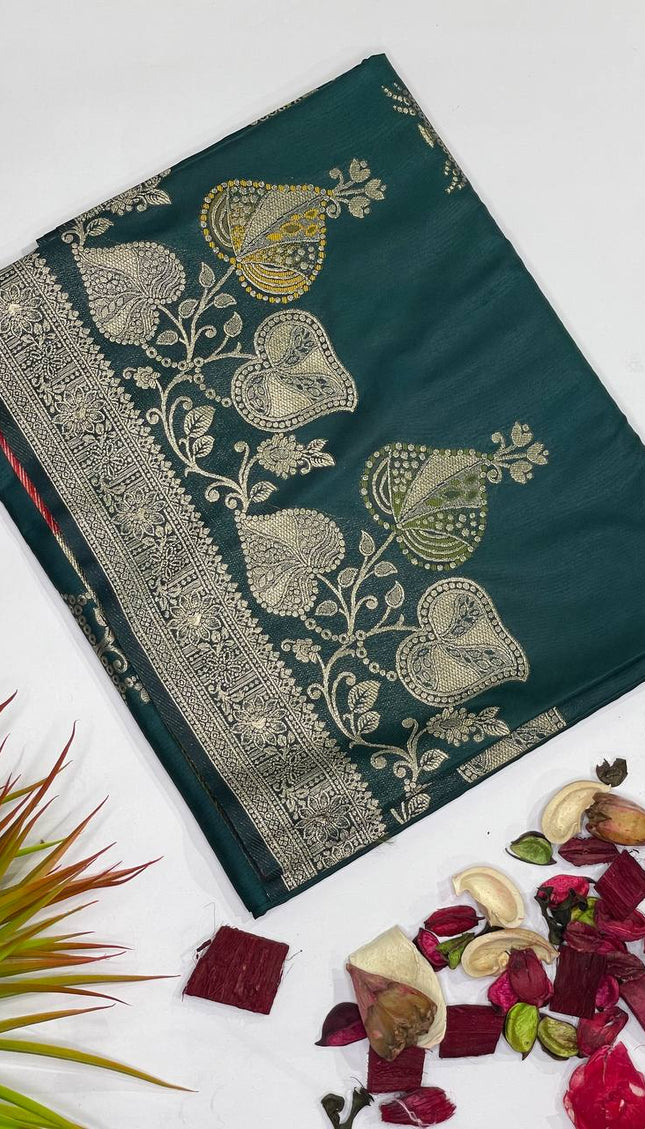 Bottle Green Banarasi Crepe Silk Saree with Zari Border|DS28