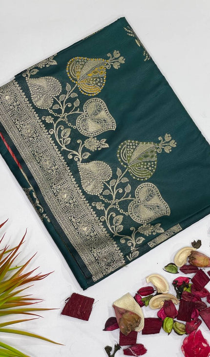 Bottle Green Banarasi Crepe Silk Saree with Zari Border|DS28