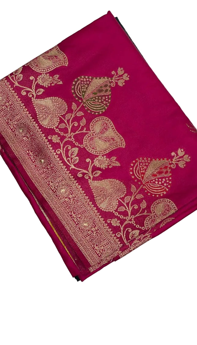 Rani Pink Banarasi Crepe Silk Saree with Zari Floral Vine Design & Blouse |DS28|
