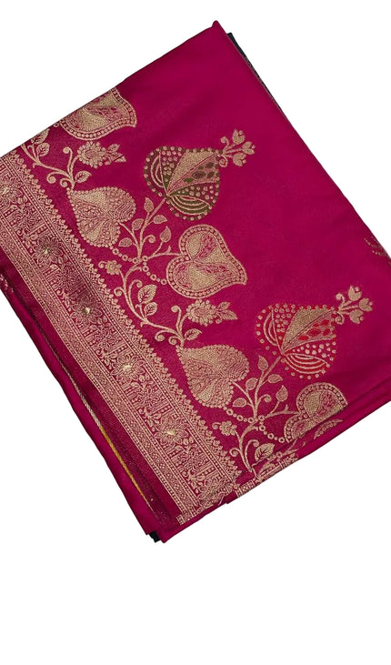 Rani Pink Banarasi Crepe Silk Saree with Zari Floral Vine Design & Blouse |DS28|