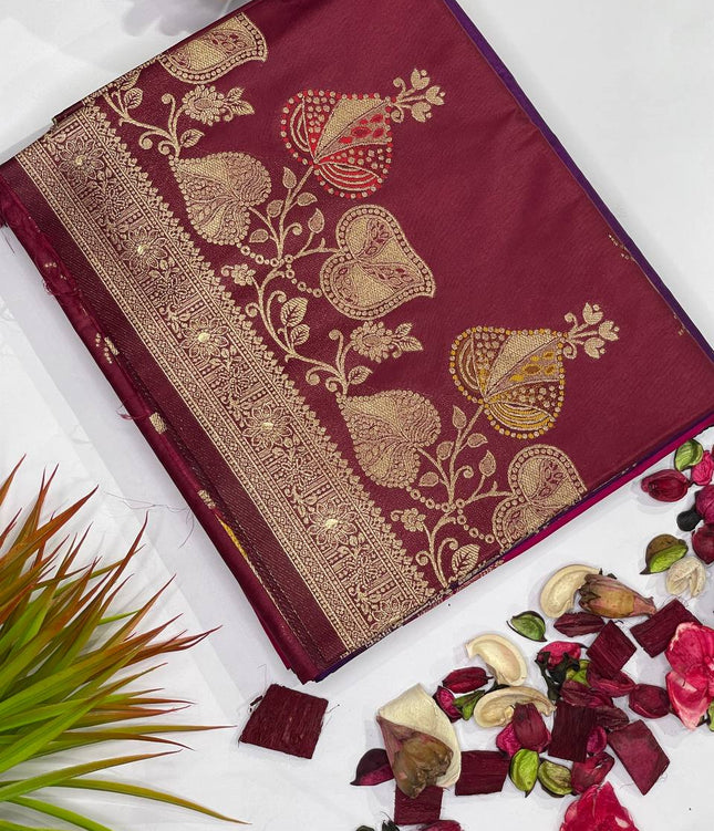 Maroon Banarasi Crepe Silk Saree with Traditional Zari Work|DS28