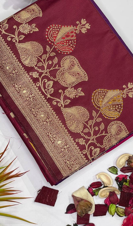 Maroon Banarasi Crepe Silk Saree with Traditional Zari Work|DS28