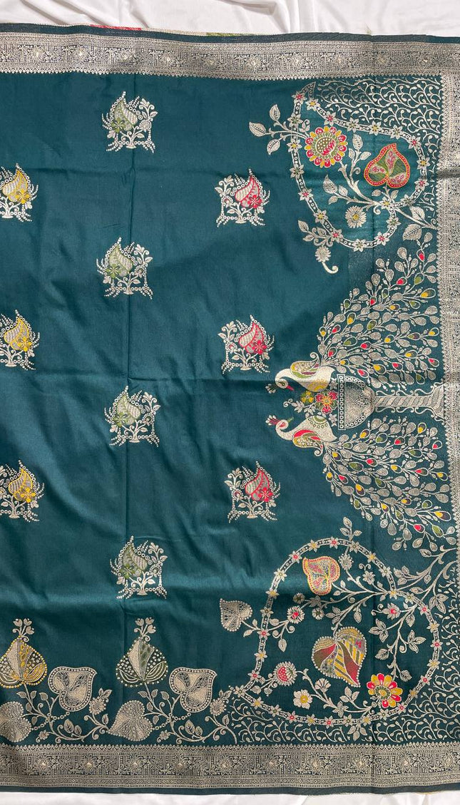 Bottle Green Banarasi Crepe Silk Saree with Zari Border|DS28