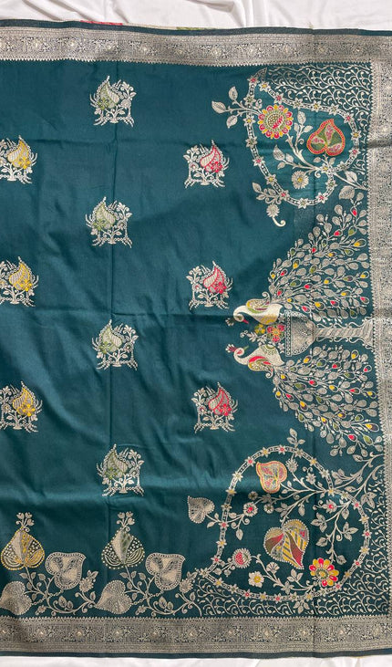 Bottle Green Banarasi Crepe Silk Saree with Zari Border|DS28