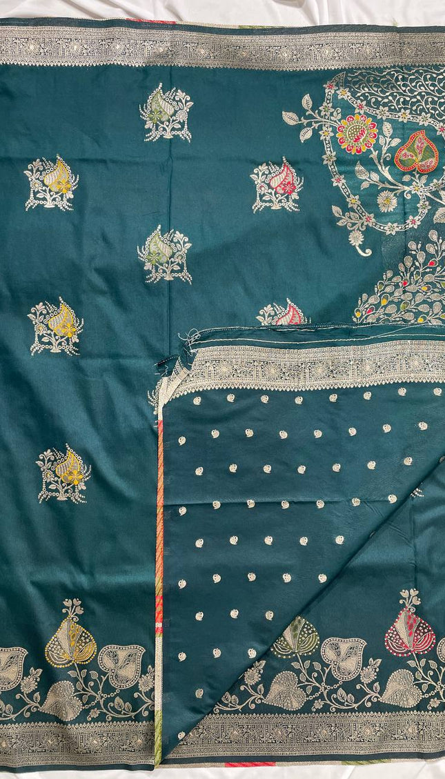 Bottle Green Banarasi Crepe Silk Saree with Zari Border|DS28