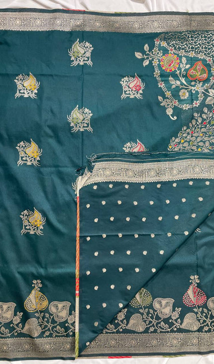 Bottle Green Banarasi Crepe Silk Saree with Zari Border|DS28