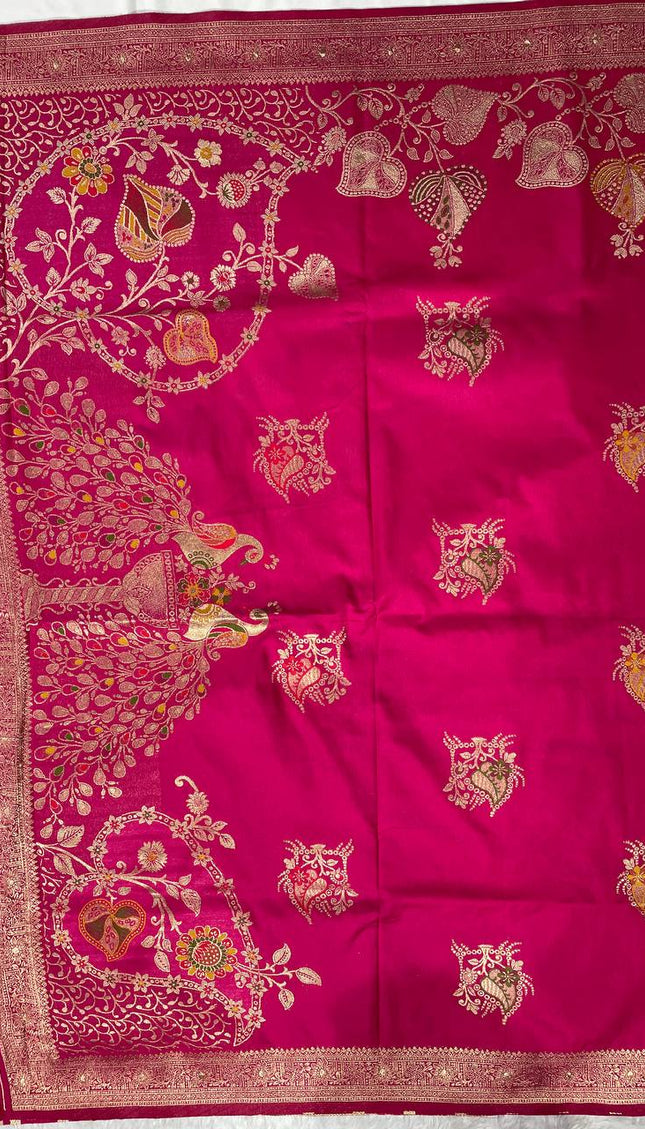 Rani Pink Banarasi Crepe Silk Saree with Zari Floral Vine Design & Blouse |DS28|