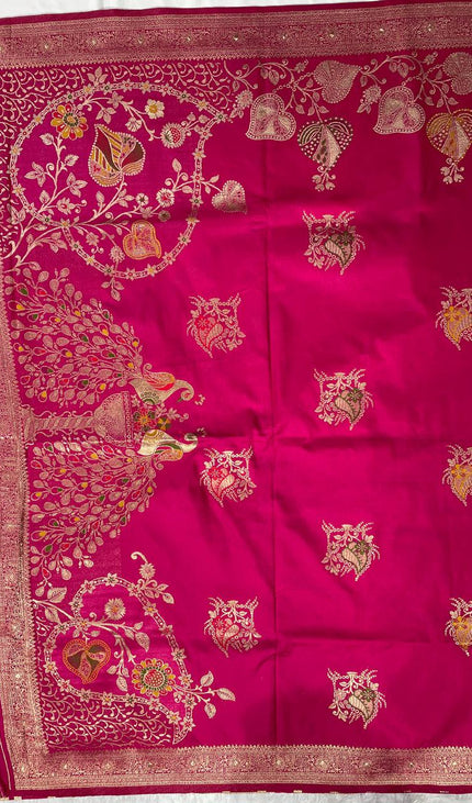Rani Pink Banarasi Crepe Silk Saree with Zari Floral Vine Design & Blouse |DS28|