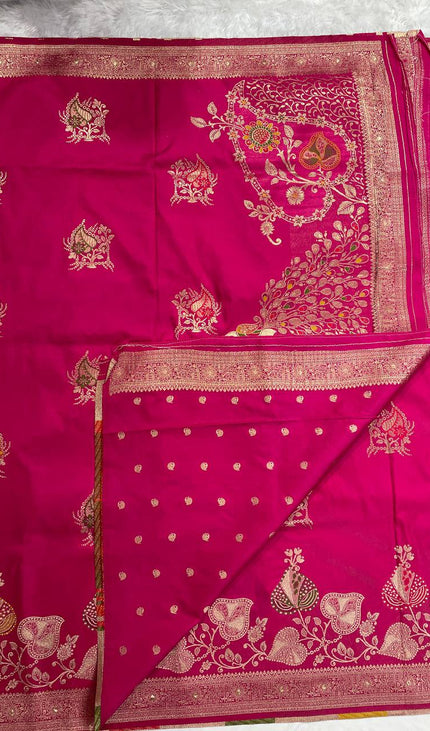 Rani Pink Banarasi Crepe Silk Saree with Zari Floral Vine Design & Blouse |DS28|
