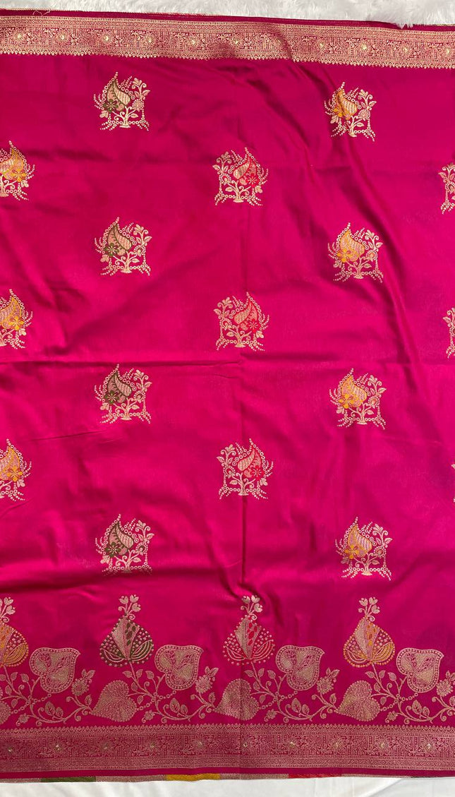 Rani Pink Banarasi Crepe Silk Saree with Zari Floral Vine Design & Blouse |DS28|