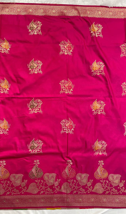 Rani Pink Banarasi Crepe Silk Saree with Zari Floral Vine Design & Blouse |DS28|