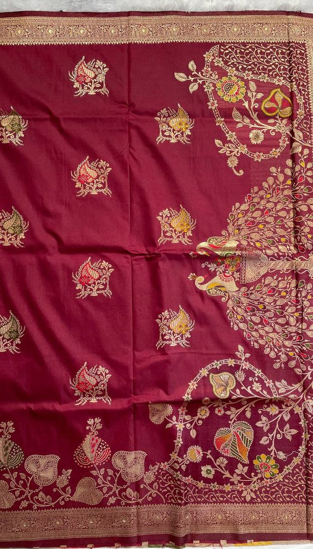 Maroon Banarasi Crepe Silk Saree with Traditional Zari Work|DS28