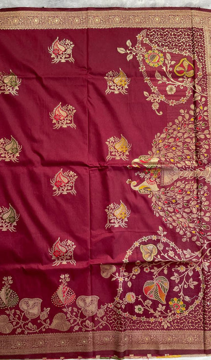 Maroon Banarasi Crepe Silk Saree with Traditional Zari Work|DS28