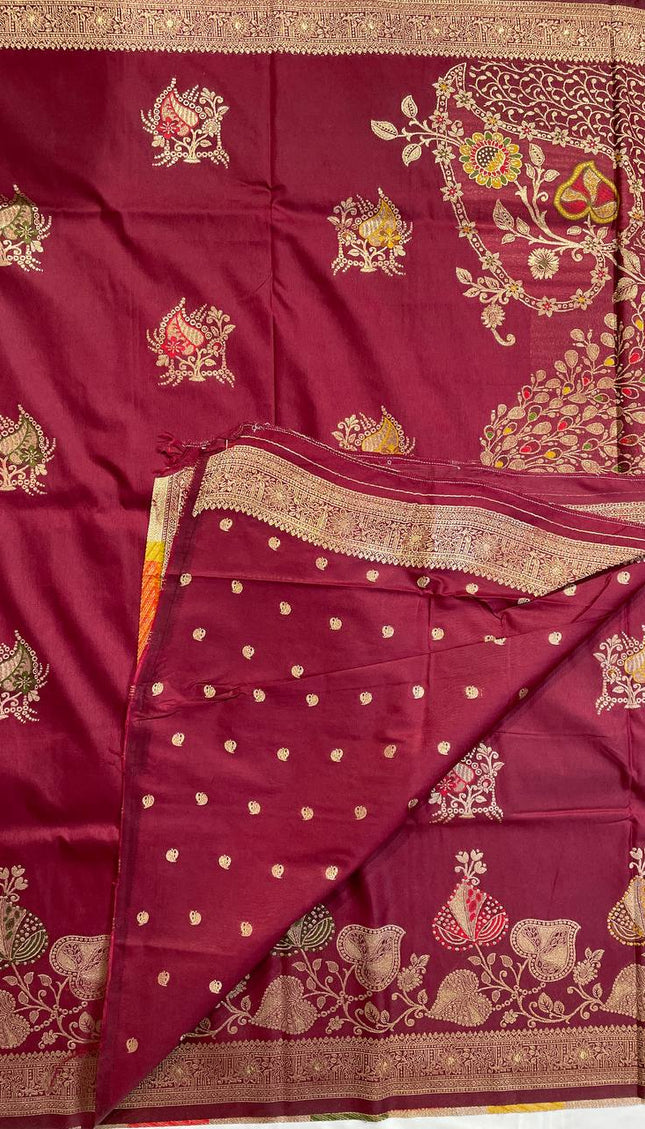 Maroon Banarasi Crepe Silk Saree with Traditional Zari Work|DS28