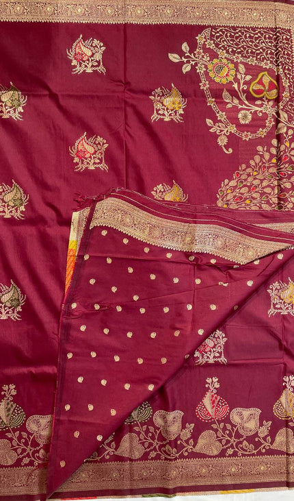 Maroon Banarasi Crepe Silk Saree with Traditional Zari Work|DS28
