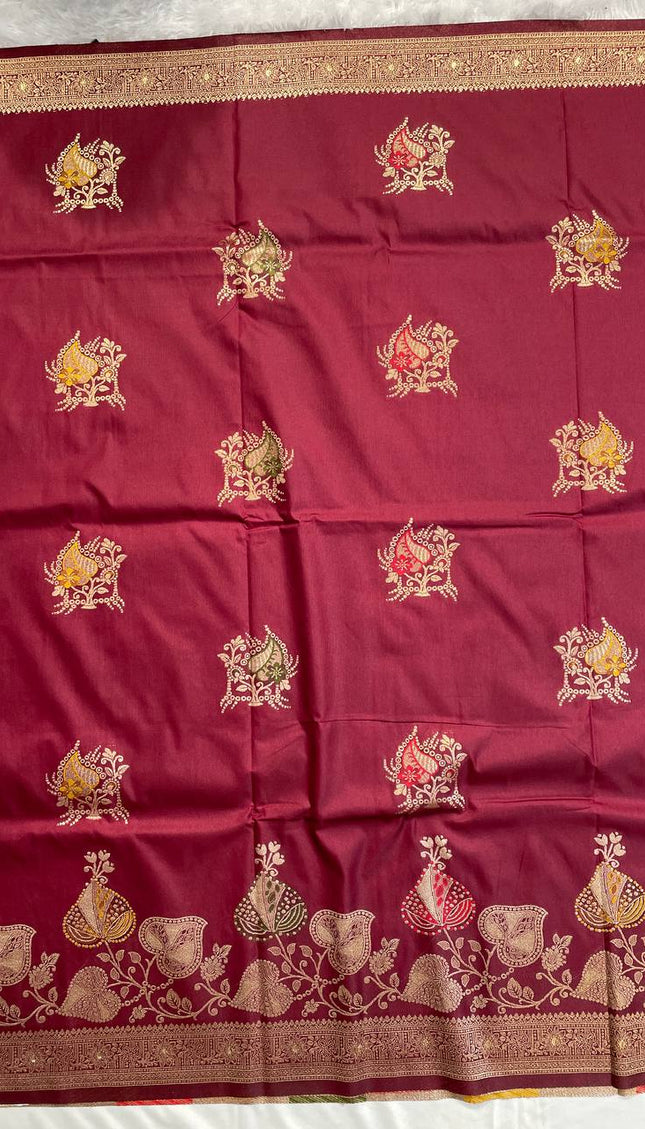 Maroon Banarasi Crepe Silk Saree with Traditional Zari Work|DS28