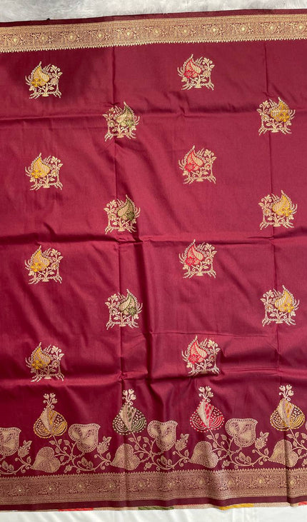Maroon Banarasi Crepe Silk Saree with Traditional Zari Work|DS28
