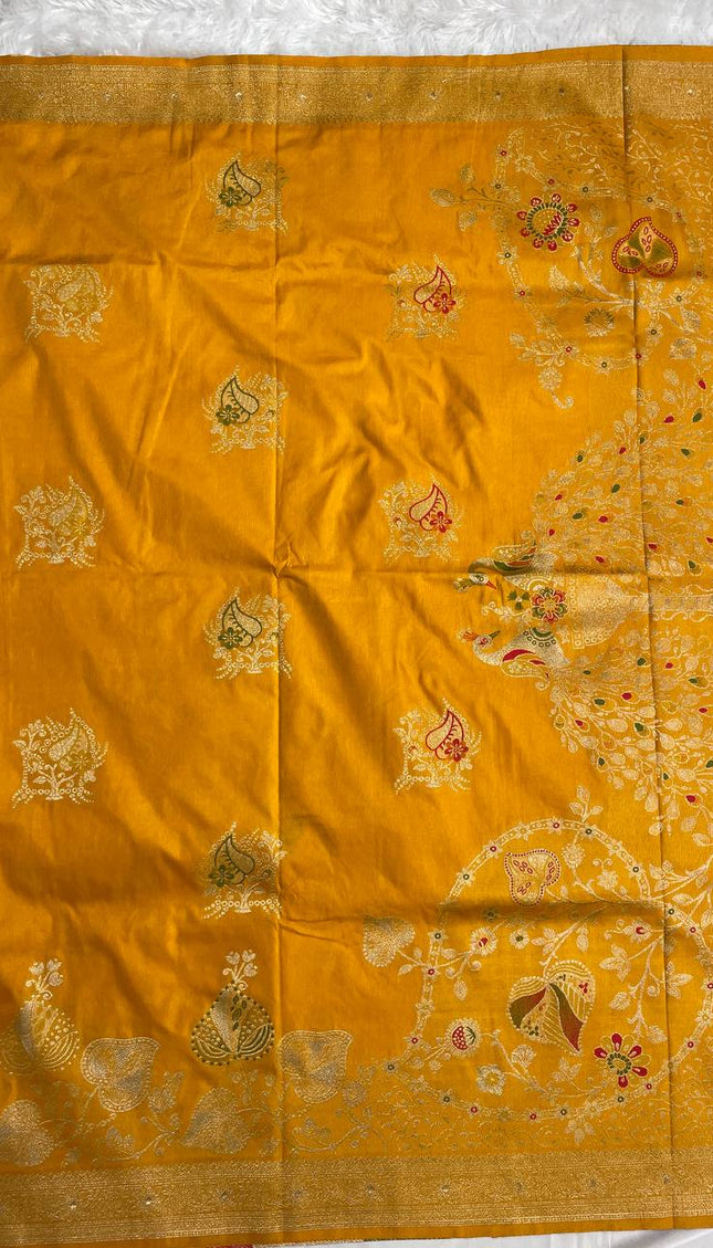 Mustard Yellow Banarasi Crepe Silk Saree with Gold Weaving|DS21