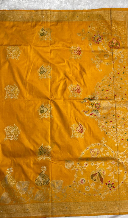 Mustard Yellow Banarasi Crepe Silk Saree with Gold Weaving|DS21