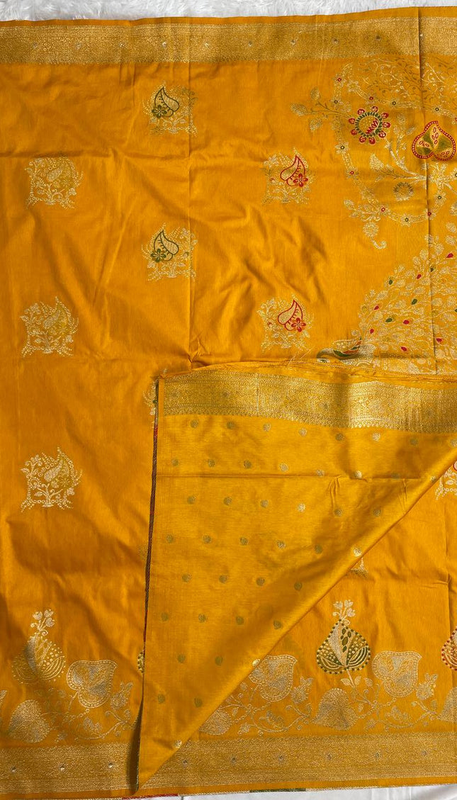 Mustard Yellow Banarasi Crepe Silk Saree with Gold Weaving|DS21
