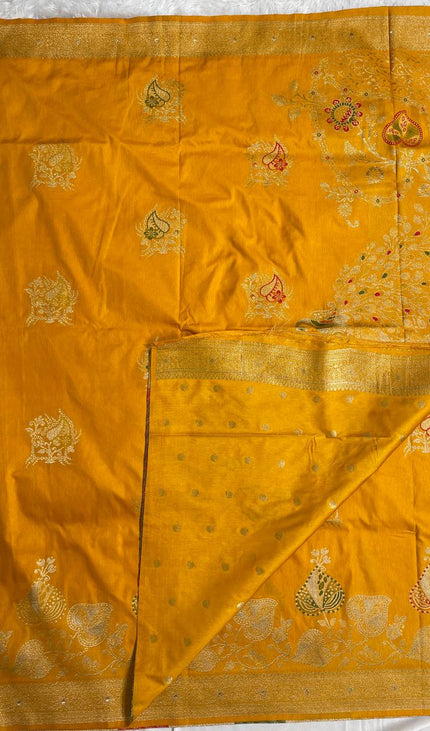 Mustard Yellow Banarasi Crepe Silk Saree with Gold Weaving|DS21